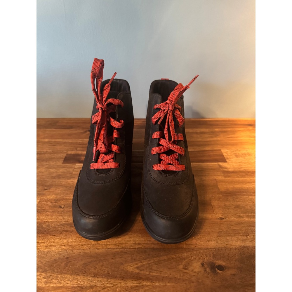 Sorel Womens Evie Sport Lace Booties Wedge Heel Black Leather Suede Accents EUC